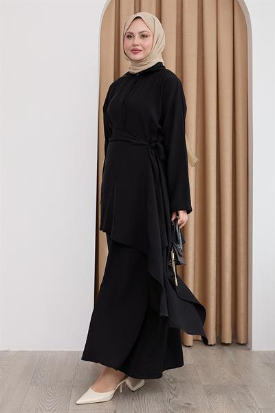 Belden Bağlamalı Siyah Ayrobin Elbise