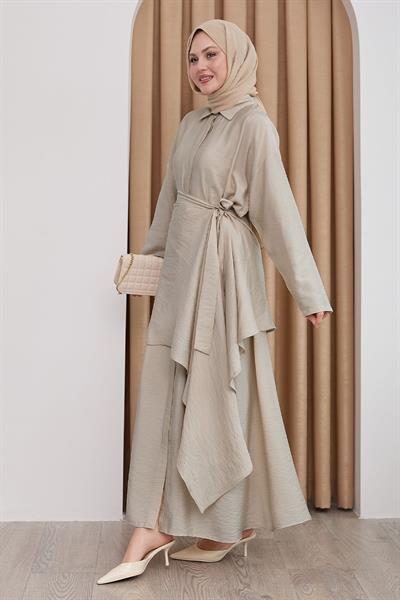 Belden Bağlamalı Vizon Ayrobin Elbise