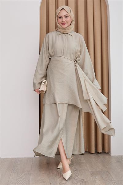 Belden Bağlamalı Vizon Ayrobin Elbise