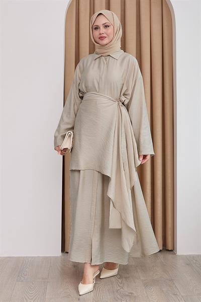 Belden Bağlamalı Vizon Ayrobin Elbise