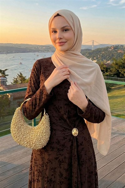Belden Tokalı Flok Tül Elbise Acı Kahve