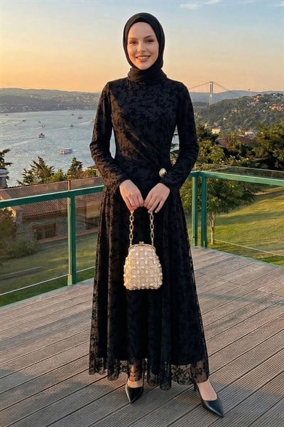Belden Tokalı Flok Tül Elbise Siyah
