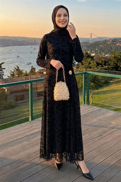 Belden Tokalı Flok Tül Elbise Siyah