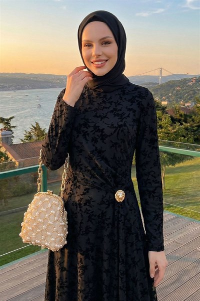 Belden Tokalı Flok Tül Elbise Siyah