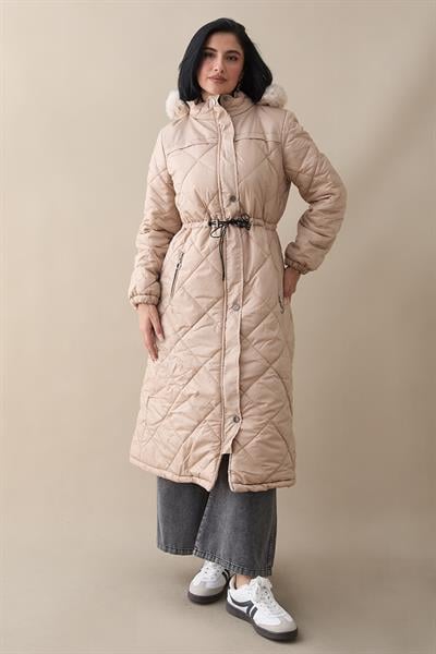 Beli Büzgülü Kapitone Mont Bej