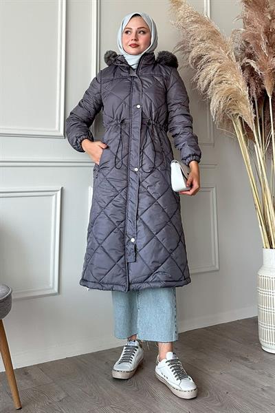 Beli Büzgülü Kapitone Mont Gri