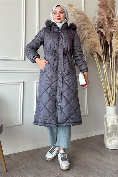 Beli Büzgülü Kapitone Mont Gri