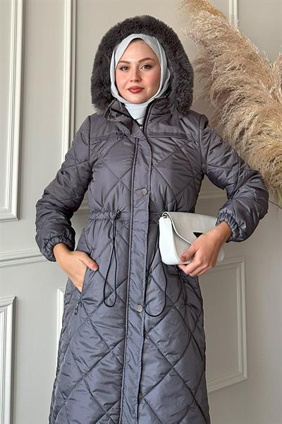 Beli Büzgülü Kapitone Mont Gri