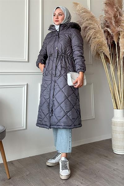 Beli Büzgülü Kapitone Mont Gri