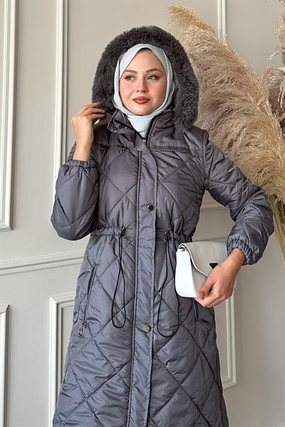 Beli Büzgülü Kapitone Mont Gri