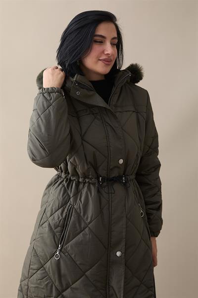 Beli Büzgülü Kapitone Mont Haki