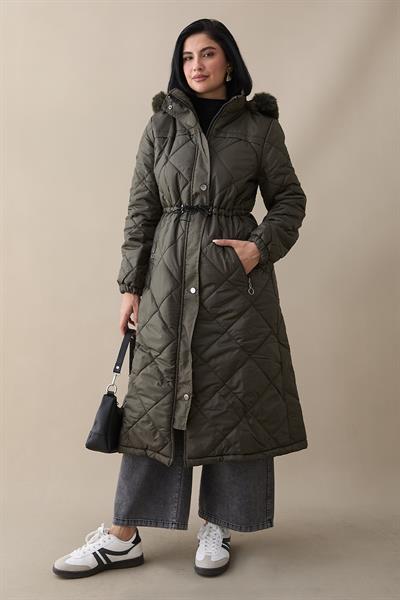 Beli Büzgülü Kapitone Mont Haki