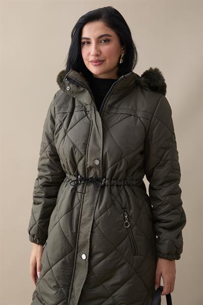 Beli Büzgülü Kapitone Mont Haki