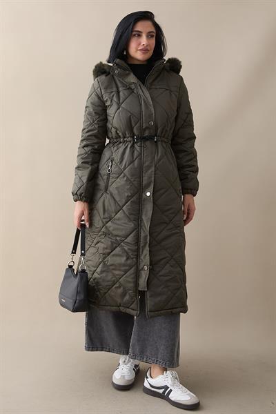 Beli Büzgülü Kapitone Mont Haki