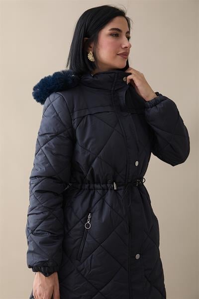 Beli Büzgülü Kapitone Mont Lacivert