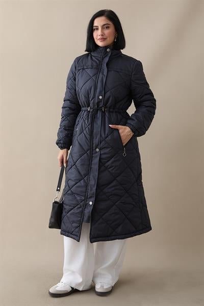 Beli Büzgülü Kapitone Mont Lacivert