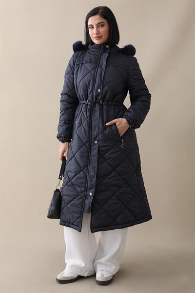 Beli Büzgülü Kapitone Mont Lacivert