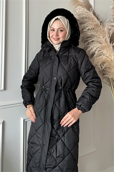 Beli Büzgülü Kapitone Mont Siyah