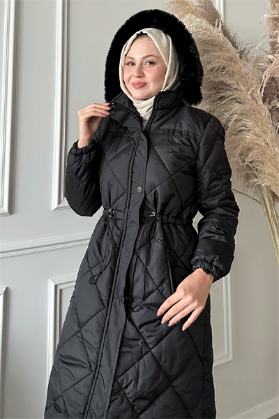 Beli Büzgülü Kapitone Mont Siyah