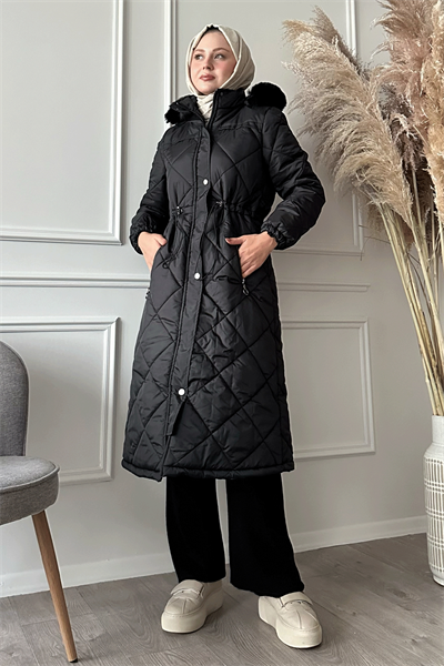 Beli Büzgülü Kapitone Mont Siyah