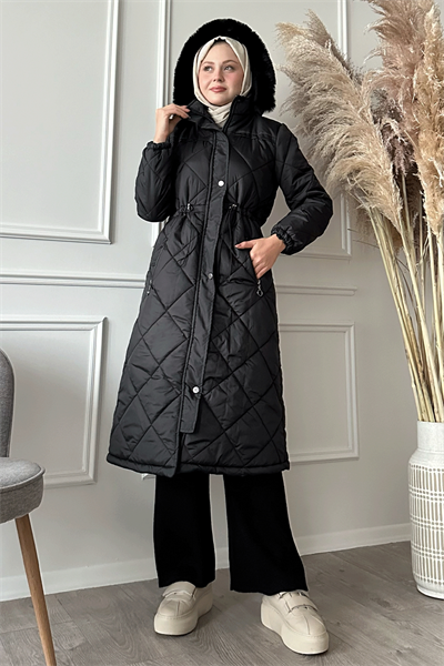 Beli Büzgülü Kapitone Mont Siyah