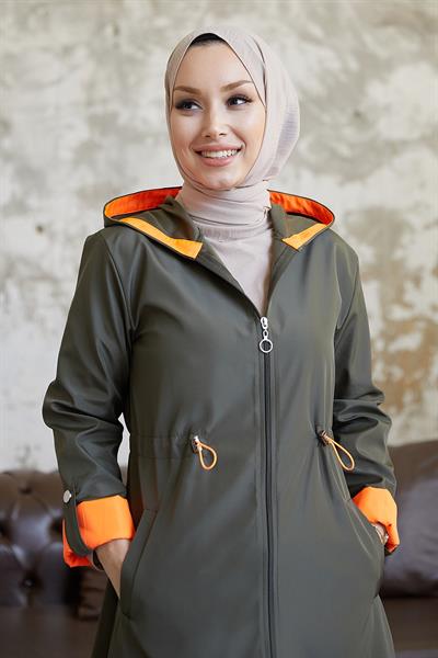 Beli Büzgülü Kapüşonlu Neon Trenç - Haki \ Turuncu