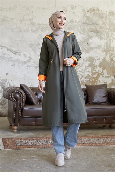 Beli Büzgülü Kapüşonlu Neon Trenç - Haki \ Turuncu