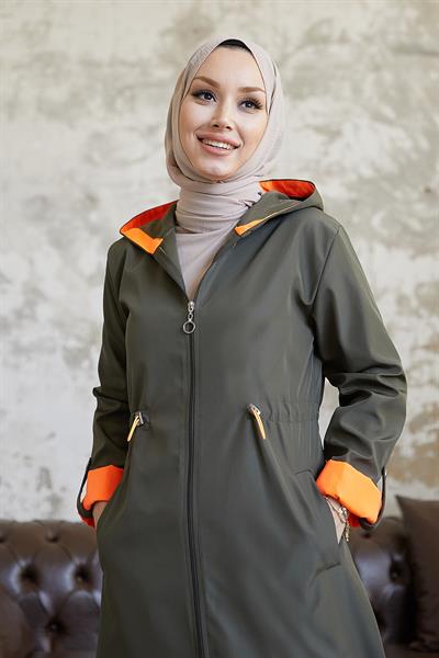 Beli Büzgülü Kapüşonlu Neon Trenç - Haki \ Turuncu