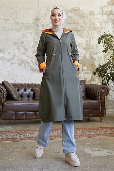 Beli Büzgülü Kapüşonlu Neon Trenç - Haki \ Turuncu