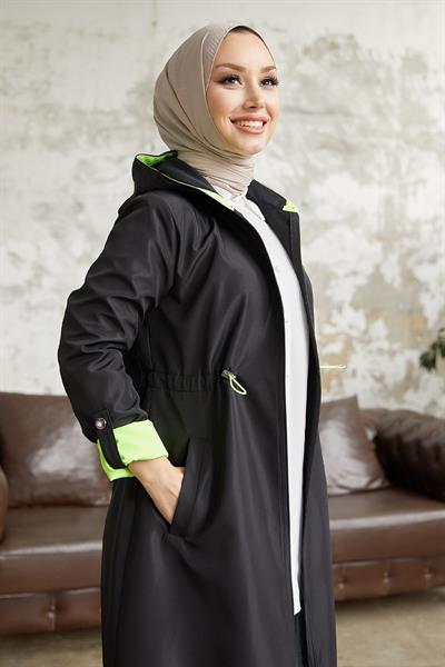Beli Büzgülü Kapüşonlu Neon Trenç - Siyah \ Yeşil