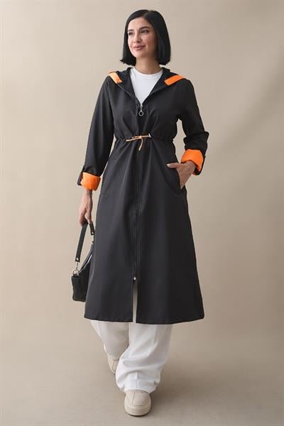 Beli Büzgülü Kapüşonlu Neon Trenç - Siyah \ Turuncu