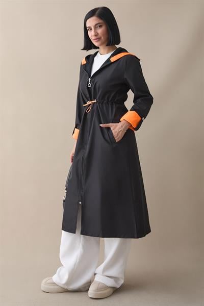 Beli Büzgülü Kapüşonlu Neon Trenç - Siyah \ Turuncu