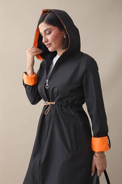 Beli Büzgülü Kapüşonlu Neon Trenç - Siyah \ Turuncu