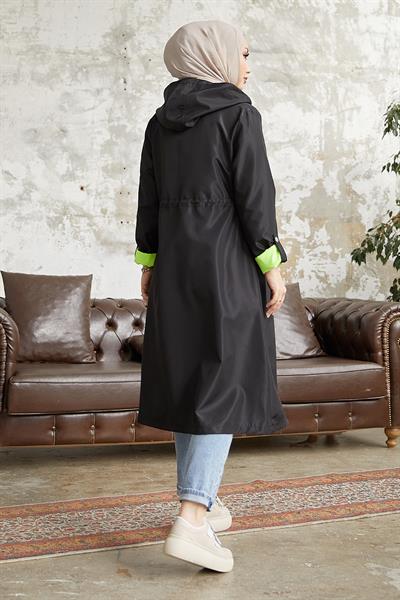 Beli Büzgülü Kapüşonlu Neon Trenç - Siyah \ Yeşil