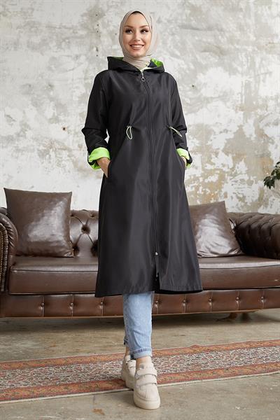Beli Büzgülü Kapüşonlu Neon Trenç - Siyah \ Yeşil