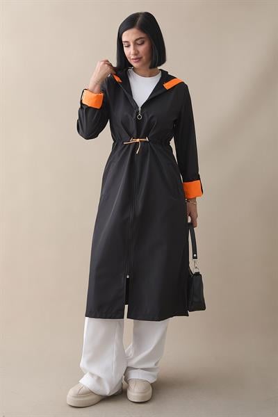 Beli Büzgülü Kapüşonlu Neon Trenç - Siyah \ Turuncu