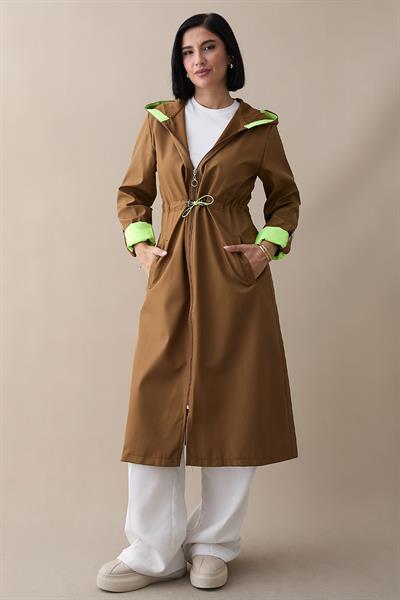 Beli Büzgülü Kapüşonlu Neon Trenç - Taba \ Yeşil