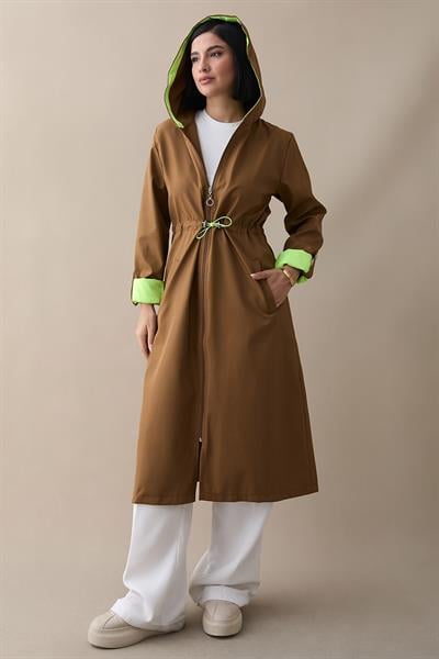 Beli Büzgülü Kapüşonlu Neon Trenç - Taba \ Yeşil