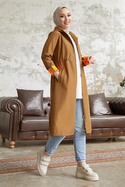 Beli Büzgülü Kapüşonlu Neon Trenç - Taba \ Turuncu