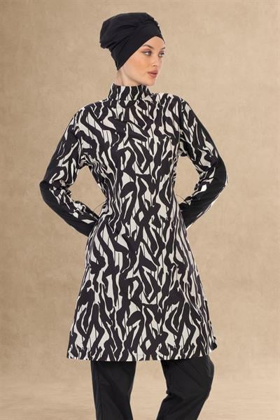 Beli Büzgülü Siyah Tesettür Mayo 6037A