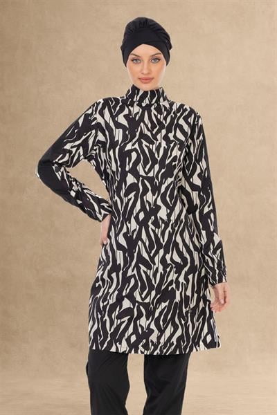 Beli Büzgülü Siyah Tesettür Mayo 6037A