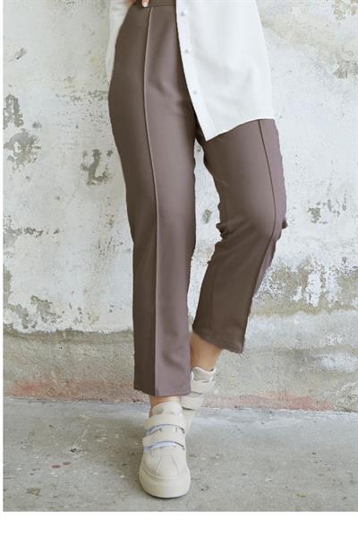 Beli Fermuarlı Çimalı Pantolon - Sütlü Kahve