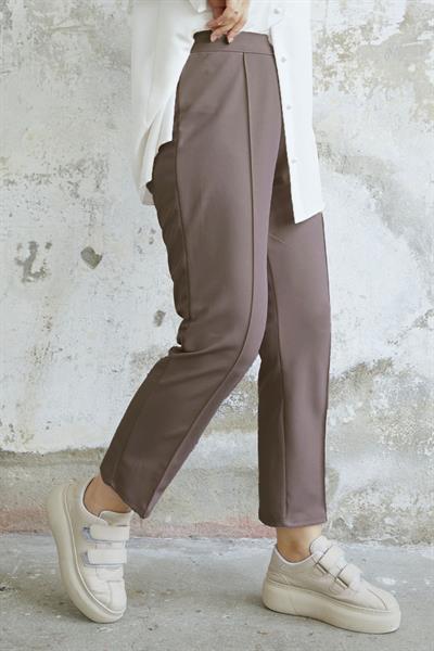 Beli Fermuarlı Çimalı Pantolon - Sütlü Kahve