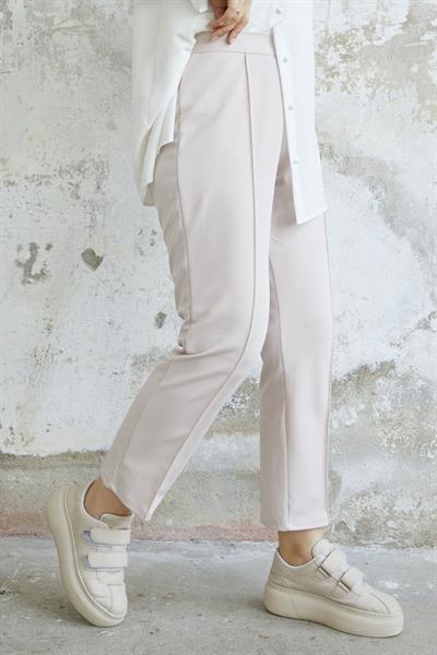 Beli Fermuarlı Çimalı Pantolon - Taş