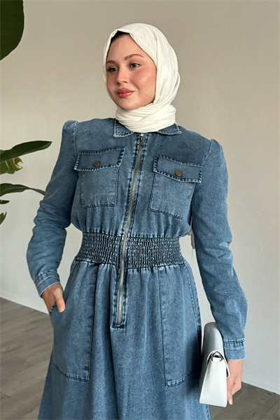 Beli Gipeli Cepli Mavi Kot Elbise