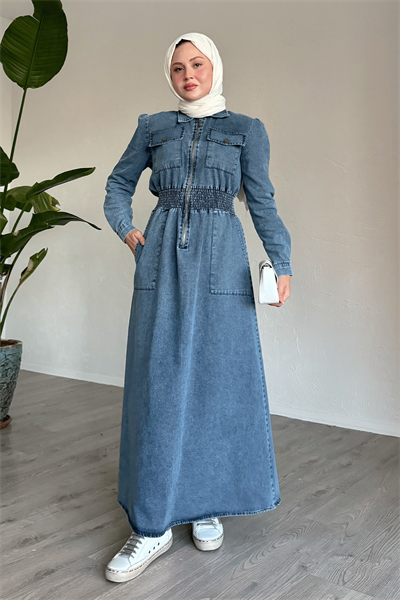 Beli Gipeli Cepli Mavi Kot Elbise