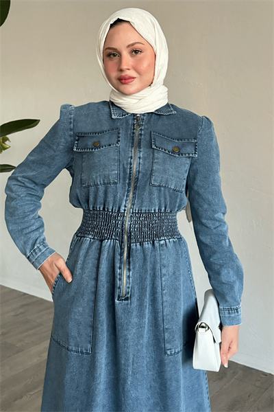 Beli Gipeli Cepli Mavi Kot Elbise
