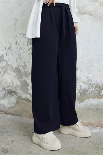 Beli Kuşaklı Bol Scuba Pantolon - Lacivert