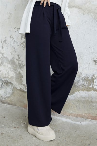 Beli Kuşaklı Bol Scuba Pantolon - Lacivert