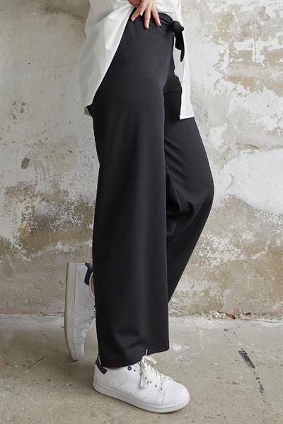 Beli Kuşaklı Bol Scuba Pantolon - Siyah